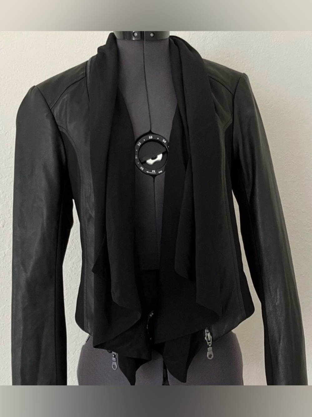 blanc noir Women’s Black Leather Jacket with Draped Scarf Front.  Sz S. NWOT